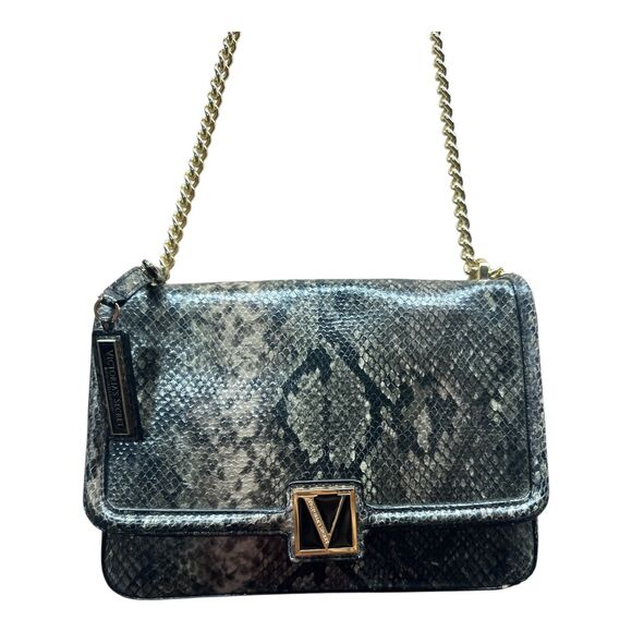 Victoria’s Secret Snakeskin Shoulder Bag Gray Gold Chain Crossbody Elegant - Picture 5 of 13